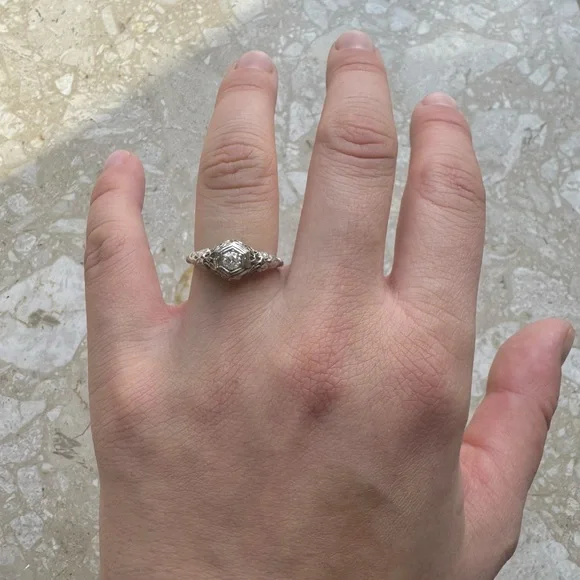 Antique Filigree 14k White Gold Old Mine Cut Diamond Engagement Ring - Picture 3 of 16